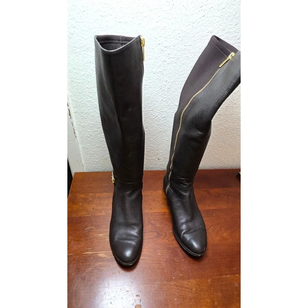 Michael Kors Brown Leather Knee-High Riding Boots Gold Logo Stretch Panels 6.5M
